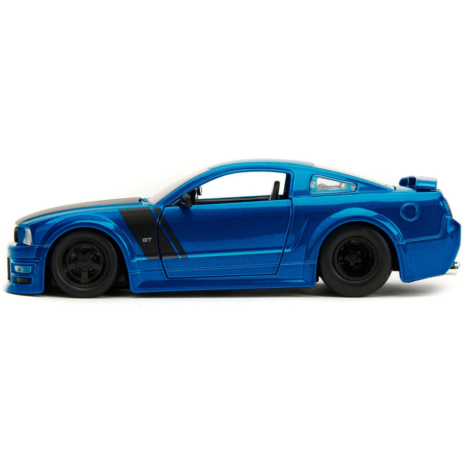 2006 Ford Mustang GT Blue Metallic with Matt Black Hood and Stripes "Bigtime Muscle" Series 1/24 Diecast Model Car by Jada