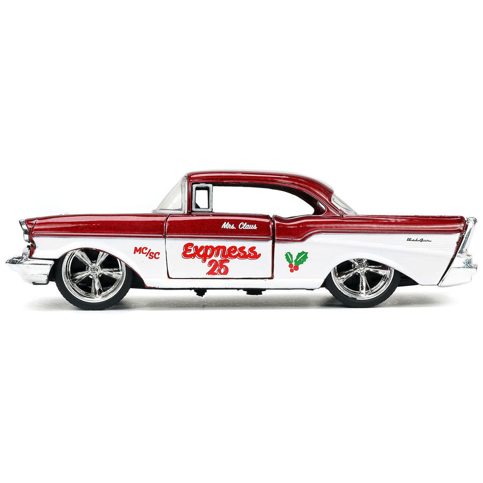 1941 Ford Pickup Truck Red and White "Santa's Workshop" and 1957 Chevrolet Bel Air Red Metallic and White "Express 25" with Mr. and Mrs. Santa Claus Diecast Figures "Holiday Rides" Series 1/32 Diecast Model Cars by Jada