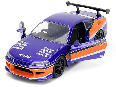 Blue and orange toy sports car with open doors.