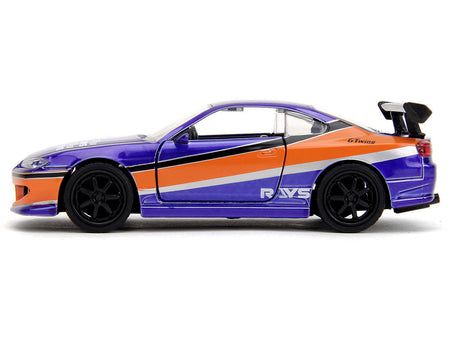 Purple and orange toy car with black wheels.