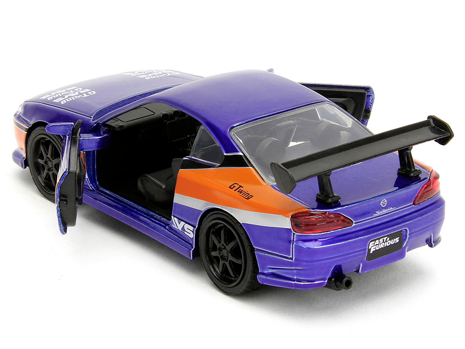 Purple and orange toy car with open doors and spoiler.