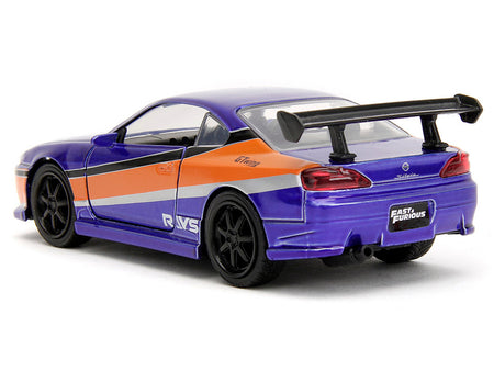 Purple and orange toy car with spoiler.