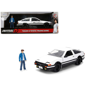 Toyota Trueno (AE86) RHD (Right Hand Drive) White and Black with Graphics and Takumi Diecast Figure "Initial D" (1998-2021) TV Series "Anime Hollywood Rides" Series 1/24 Diecast Model by Jada