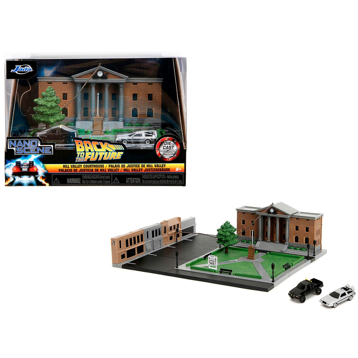 Hill Valley Courthouse Diorama with Black Pickup Truck and Delorean "Back to the Future" (1985) Movie "Nano Scene" Series Model by Jada