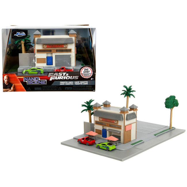 Toretto Cafe Diorama with Mitsubishi Eclipse Green and Ford F-150 SVT Lightning Red "Fast and Furious" "Nano Scene" Series Model by Jada