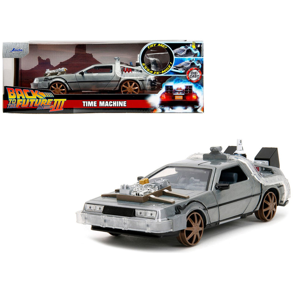 DeLorean Brushed Metal Time Machine (Train Wheel Version) with Lights "Back to the Future Part III" (1990) Movie "Hollywood Rides" Series 1/24 Diecast Model Car by Jada