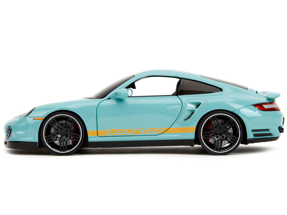 Porsche 911 Turbo (997) Light Blue with Yellow Stripes "Pink Slips" Series 1/24 Diecast Model Car by Jada