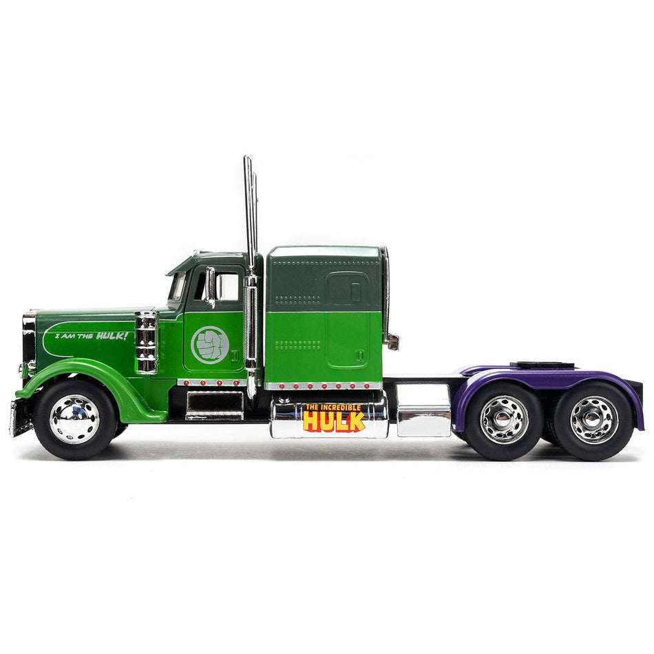 1992 Peterbilt 379 Truck Tractor Green Two-Tone and Purple "The Incredible Hulk" "Marvel Avengers" Series Diecast Model by Jada