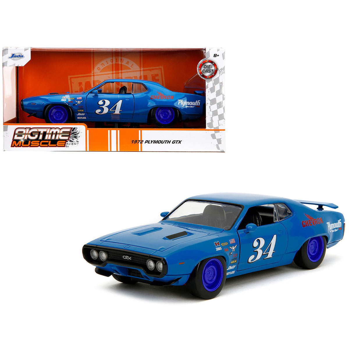 1972 Plymouth GTX #34 Blue with Graphics "Bigtime Muscle" Series 1/24 Diecast Model Car by Jada