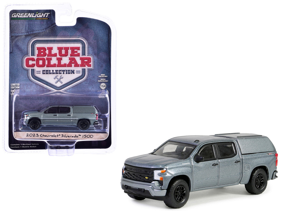 2023 Chevrolet Silverado 1500 Pickup Truck with Camper Shell Sterling Gray Metallic "Blue Collar Collection" Series 13 1/64 Diecast Model Car by Greenlight