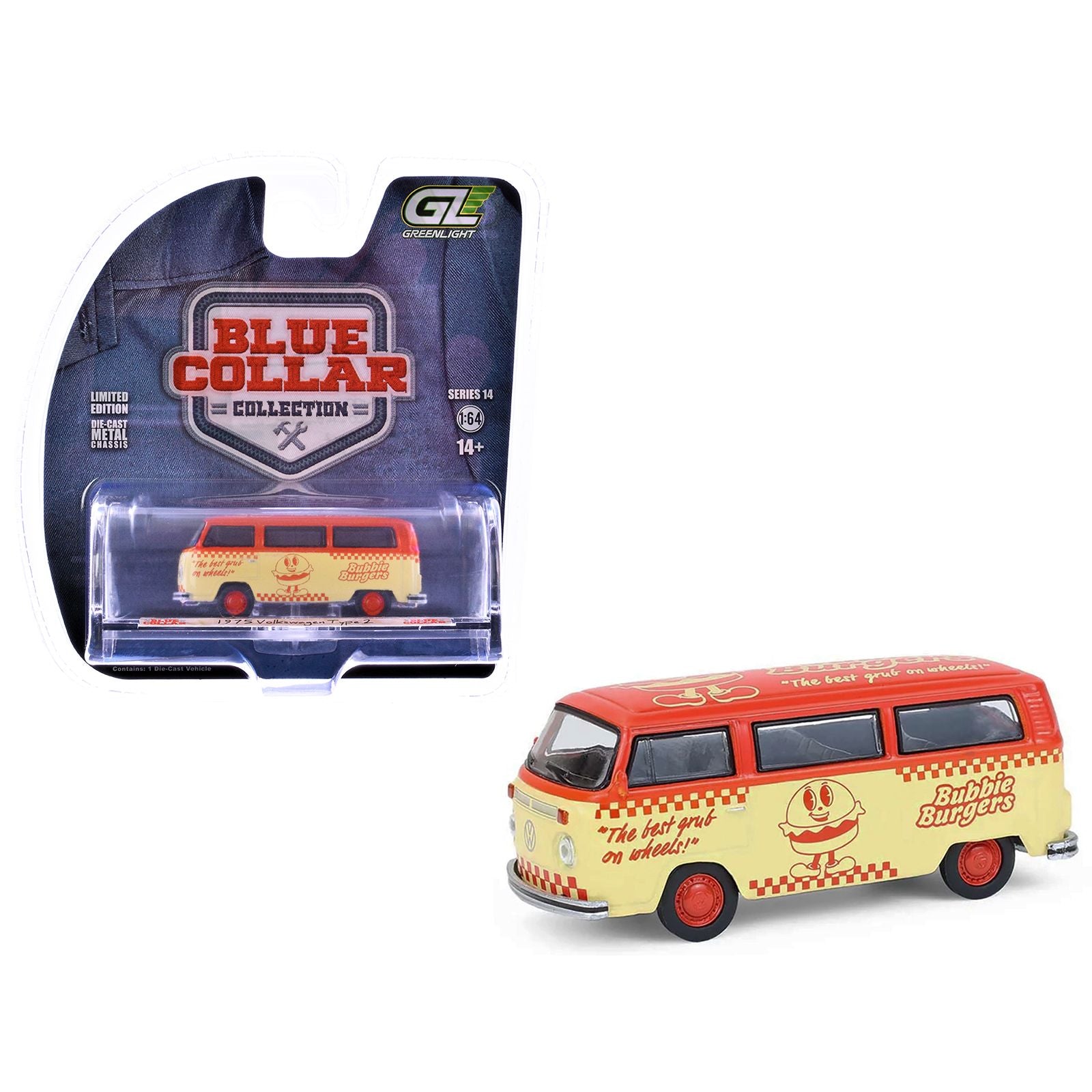 1975 Volkswagen Type 2 Van "Bubbie Burgers Food Truck" Orange and Cream "Blue Collar Collection" Series 14 1/64 Diecast Model Car by Greenlight
