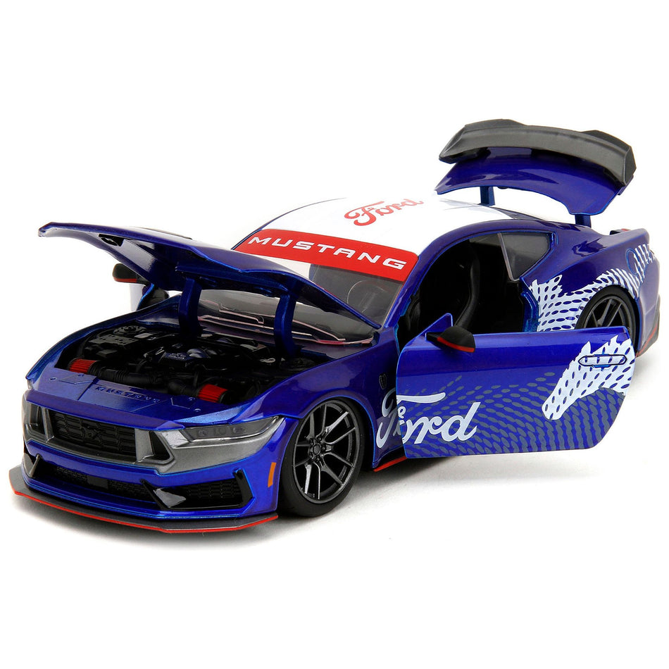 2024 Ford Mustang Dark House Candy Blue with White Top and "Mustang Horse Graphics" "Bigtime Muscle" Series 1/24 Diecast Model Car by Jada