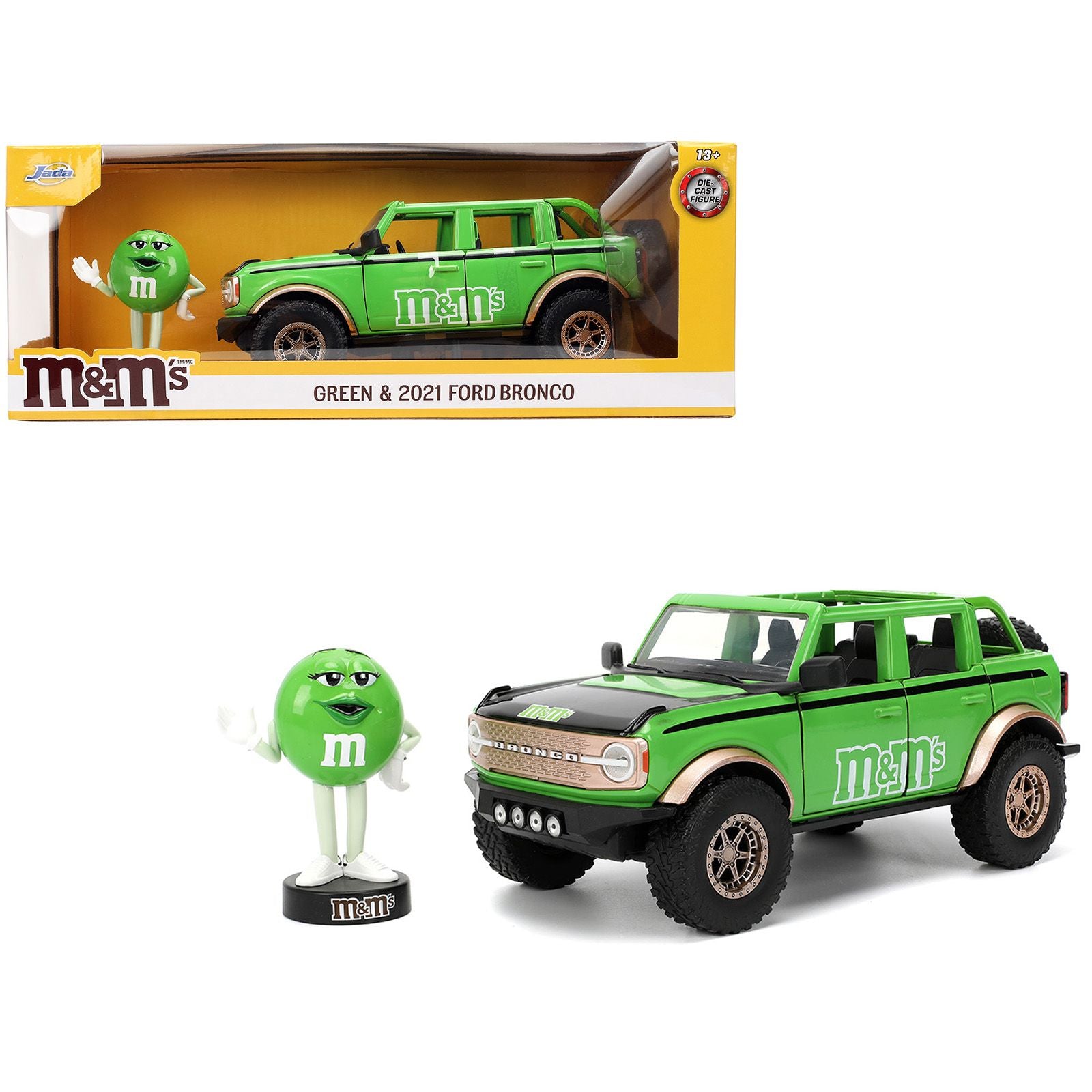 2021 Ford Bronco Green with Black Stripes and Green M&M's Diecast Figure "Hollywood Rides" Series 1/24 Diecast Model Car by Jada
