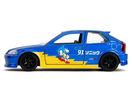 1997 Honda Civic Type R Blue Metallic with Graphics "Sonic the Hedgehog" (1991) Video Game "Hollywood Rides" Series 1/32 Diecast Model Car by Jada