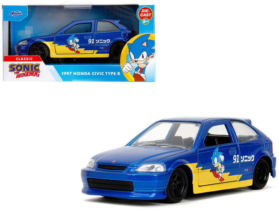 Jada 1997 Honda Civic Type R Blue Metallic with Graphics "Sonic the Hedgehog" (1991) Video Game "Hollywood Rides" Series 1/32 Diecast Model Car by Jada