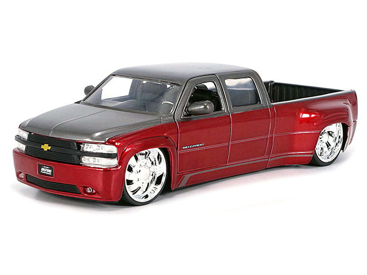 1999 Chevrolet Silverado Dually Pickup Truck Red Metallic and Gray with Custom KMC Wheels "Just Trucks" Series 1/24 Diecast Model Car by Jada