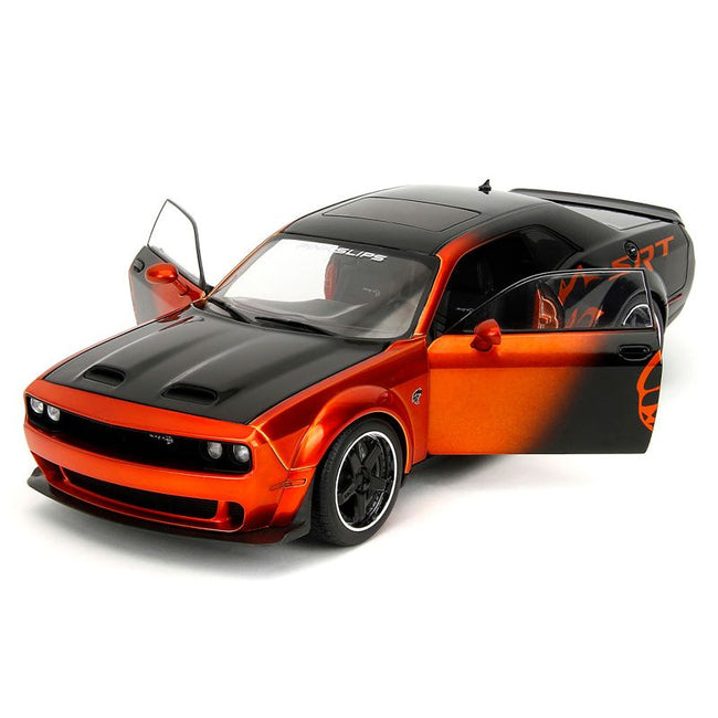 Dodge Challenger SRT Hellcat Orange Metallic and Black "Pink Slips" Series 1/18 Diecast Model Car by Jada