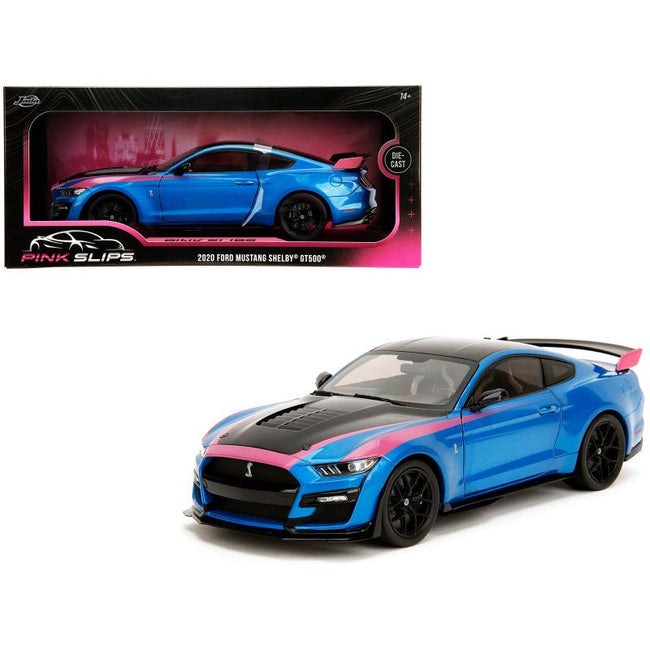 Ford Mustang Shelby GT500 Blue Metallic with Pink Stripes and Black Hood and Top "Pink Slips" Series 1/18 Diecast Model Car by Jada