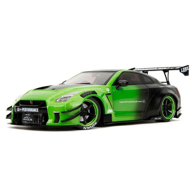 Nissan GT-R (R35) Liberty Walk Body Kit 2.0 RHD (Right Hand Drive) Green and Matt Black "Pink Slips" Series 1/18 Diecast Model Car by Jada