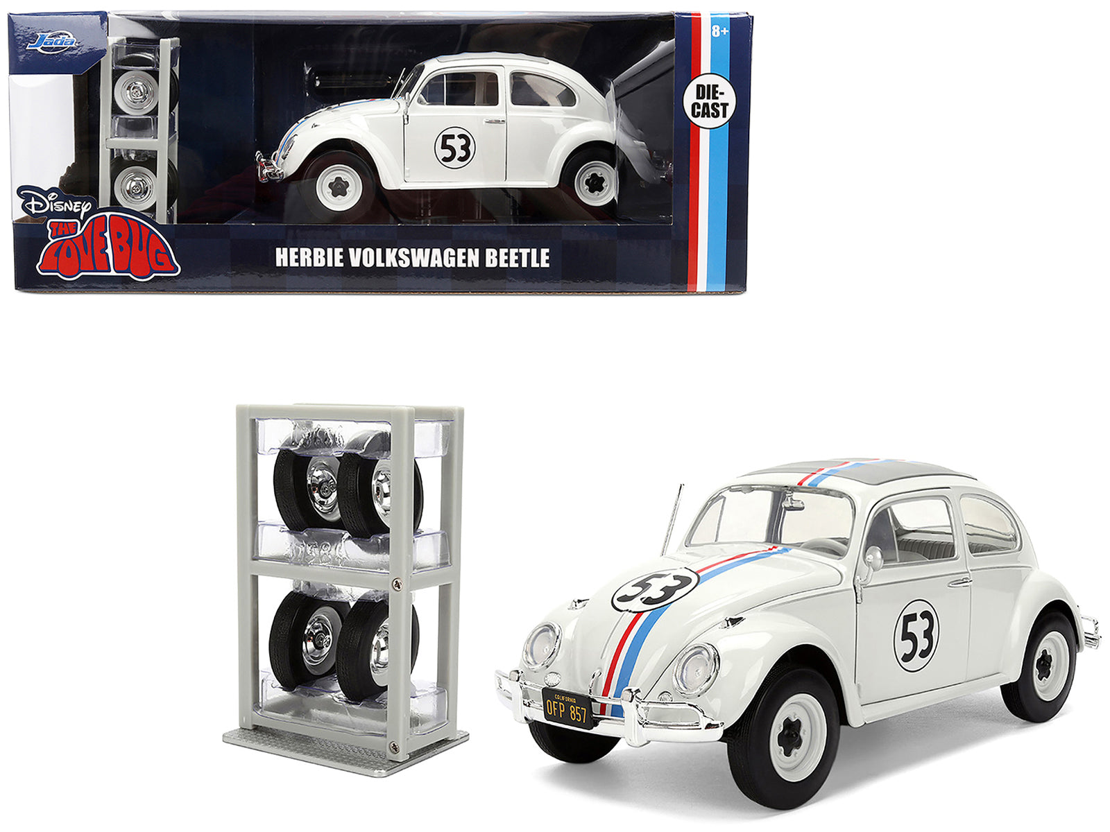 Volkswagen Beetle #53 "Herbie" White with Stripes "The Love Bug" (1968) Movie with Extra Wheels 1/24 Diecast Model Car by Jada