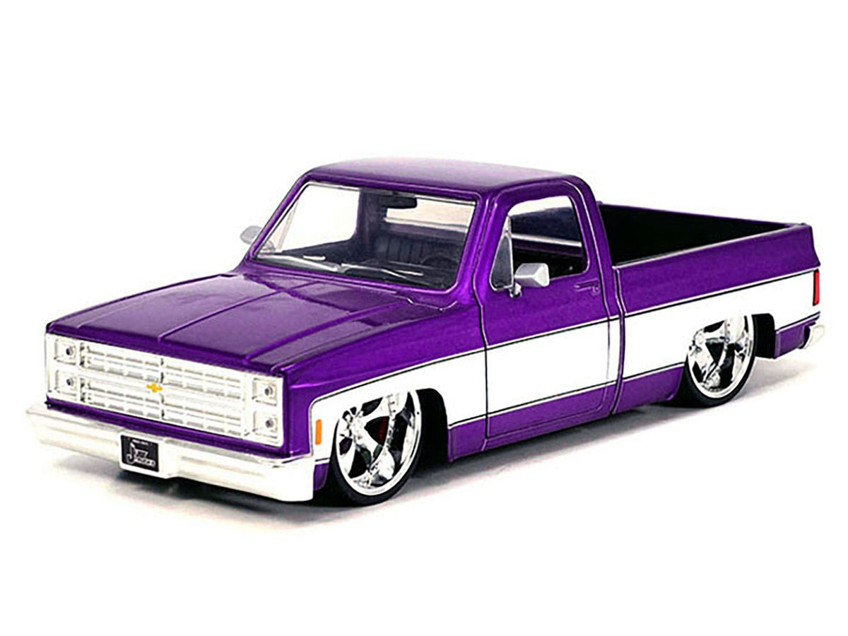 1985 Chevrolet C-10 Pickup Truck Purple Metallic and White with Cartelli Wheels "Just Trucks" Series 1/24 Diecast Model Car by Jada