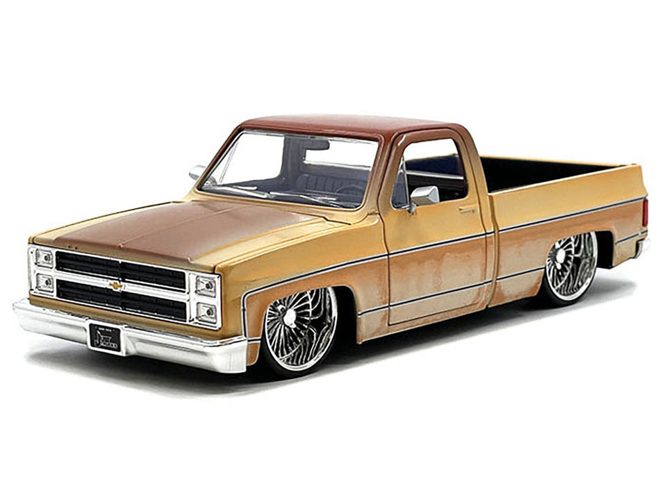 1985 Chevrolet C-10 Pickup Truck Yellow with Brown Top (Rusted) and Daytona Wire Wheels "Just Trucks" Series 1/24 Diecast Model Car by Jada