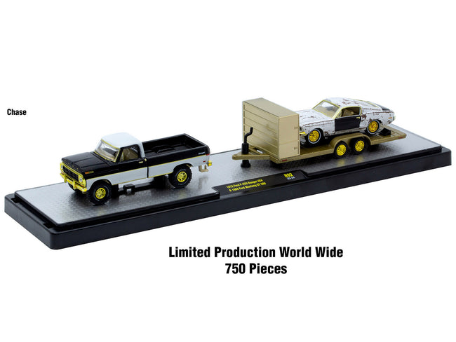 Model truck hauling a car on a trailer.