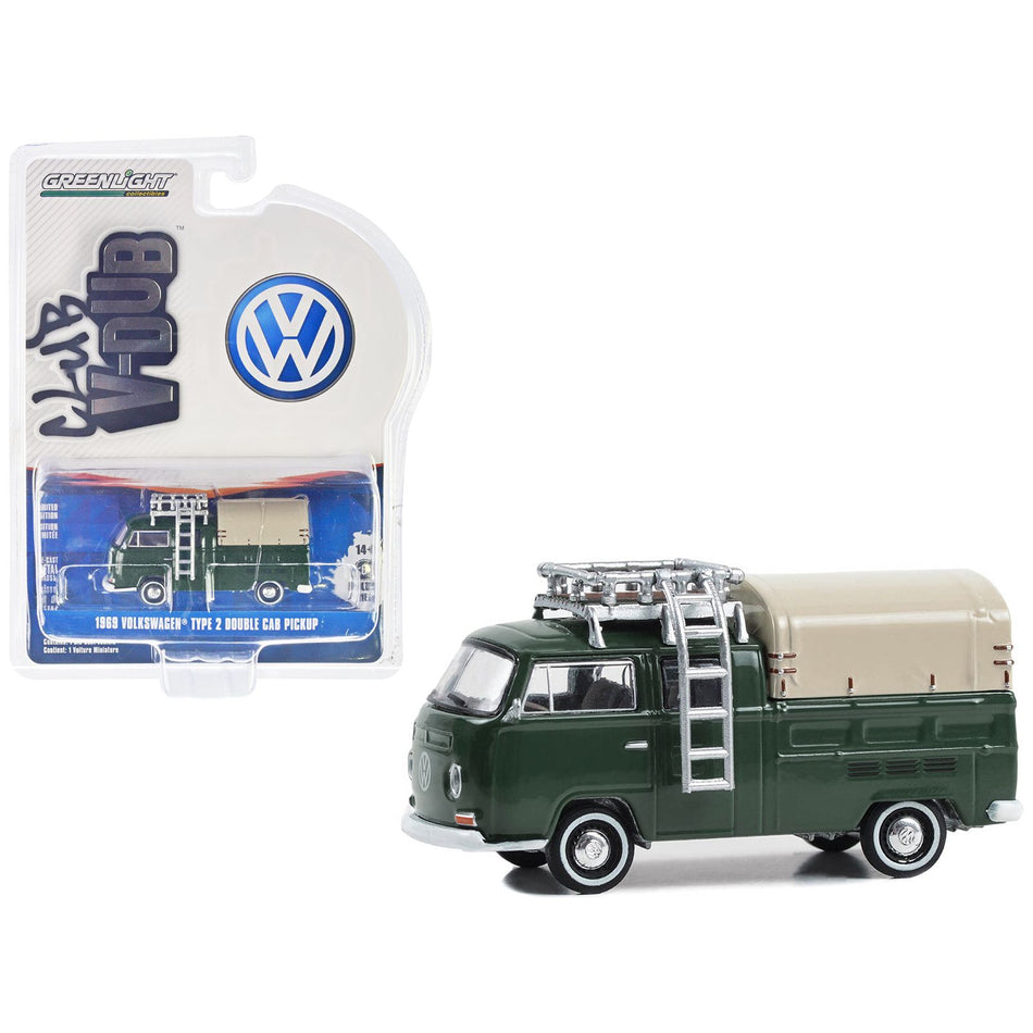 1969 Volkswagen Type 2 Double Cab Pickup Truck Delta Green with Tan Camper Shell "Club Vee-Dub" Series 18 1/64 Diecast Model Car by Greenlight