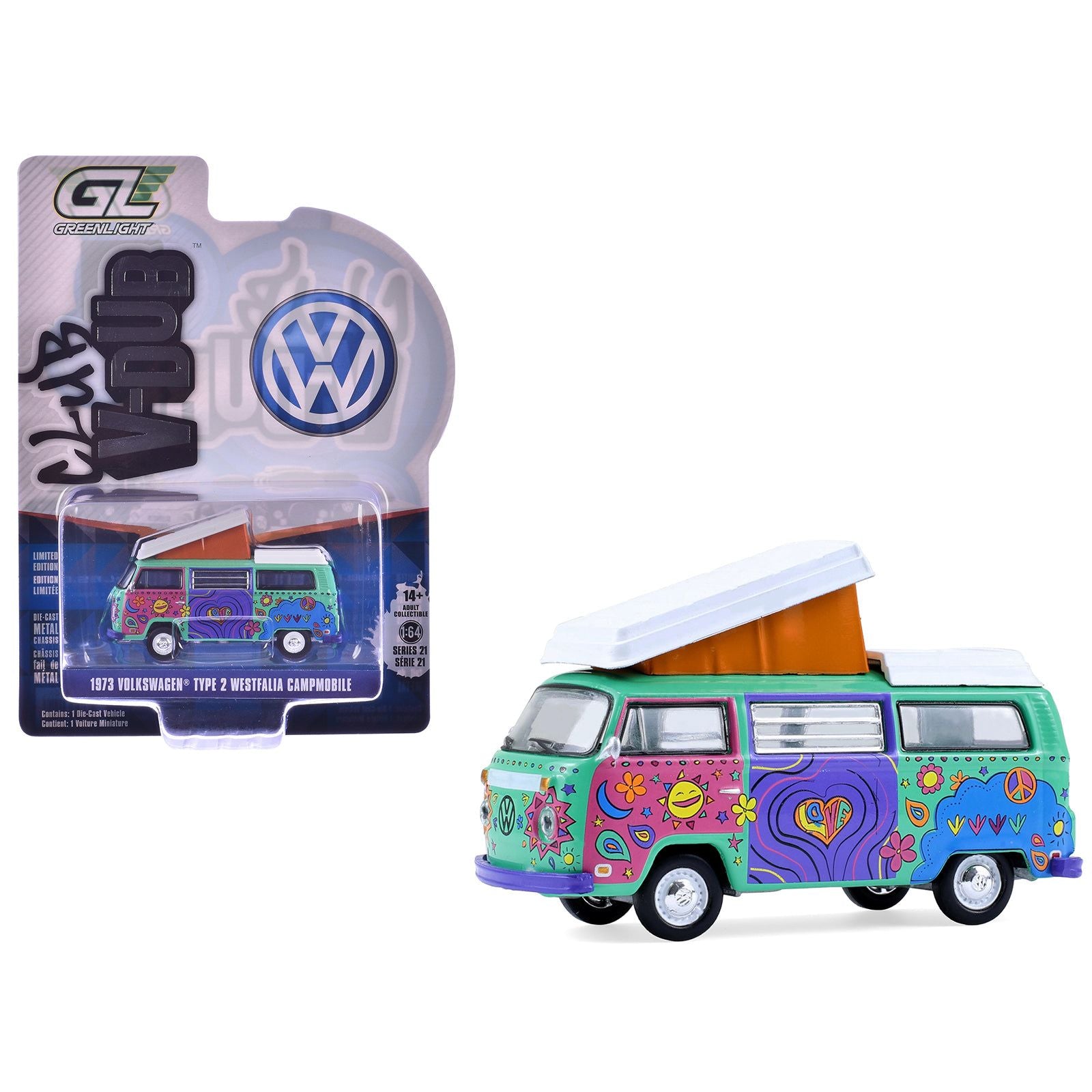 1973 Volkswagen Type 2 Westfalia Campmobile "Music Festival Van" Green with White Top and Graphics "Club Vee-Dub" Series 21 1/64 Diecast Model Car by Greenlight