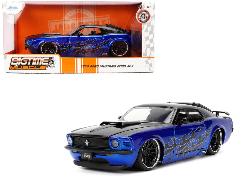 1970 Ford Mustang Boss 429 Black and Blue Metallic with Flames "Bigtime Muscle" Series 1/24 Diecast Model Car by Jada