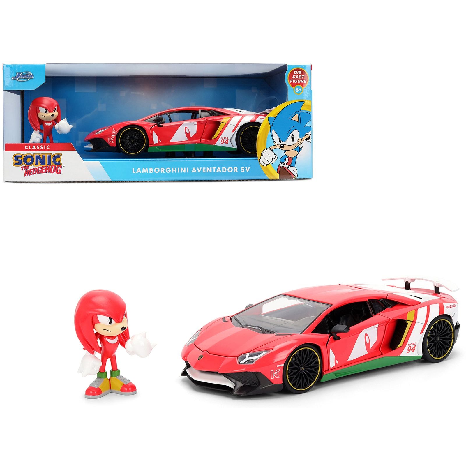 Lamborghini Aventador SV Red with Graphics and Knuckles Diecast Figure "Sonic The Hedgehog" Franchise "Hollywood Rides" Series 1/24 Diecast Model by Jada