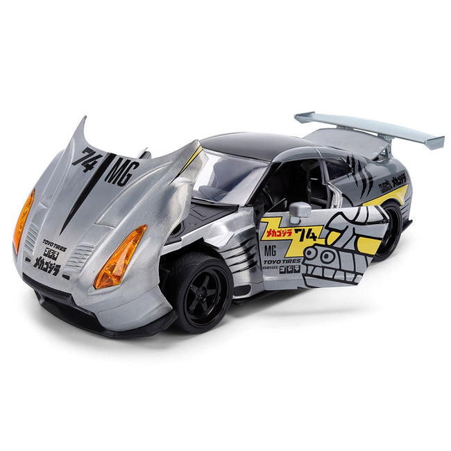 2009 Nissan GT-R (R35) Ben Sopra Brushed Metal with Black Top and Graphics and Mechagodzilla Diecast Figure "Godzilla" Franchise "Anime Hollywood Rides" Series 1/24 Diecast Model by Jada