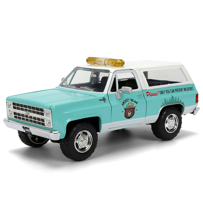 1980 Chevrolet Blazer Light Green with White Top and Graphics and Smokey Bear Diecast Figure "Smokey Bear" "Hollywood Rides" Series 1/24 Diecast Model by Jada