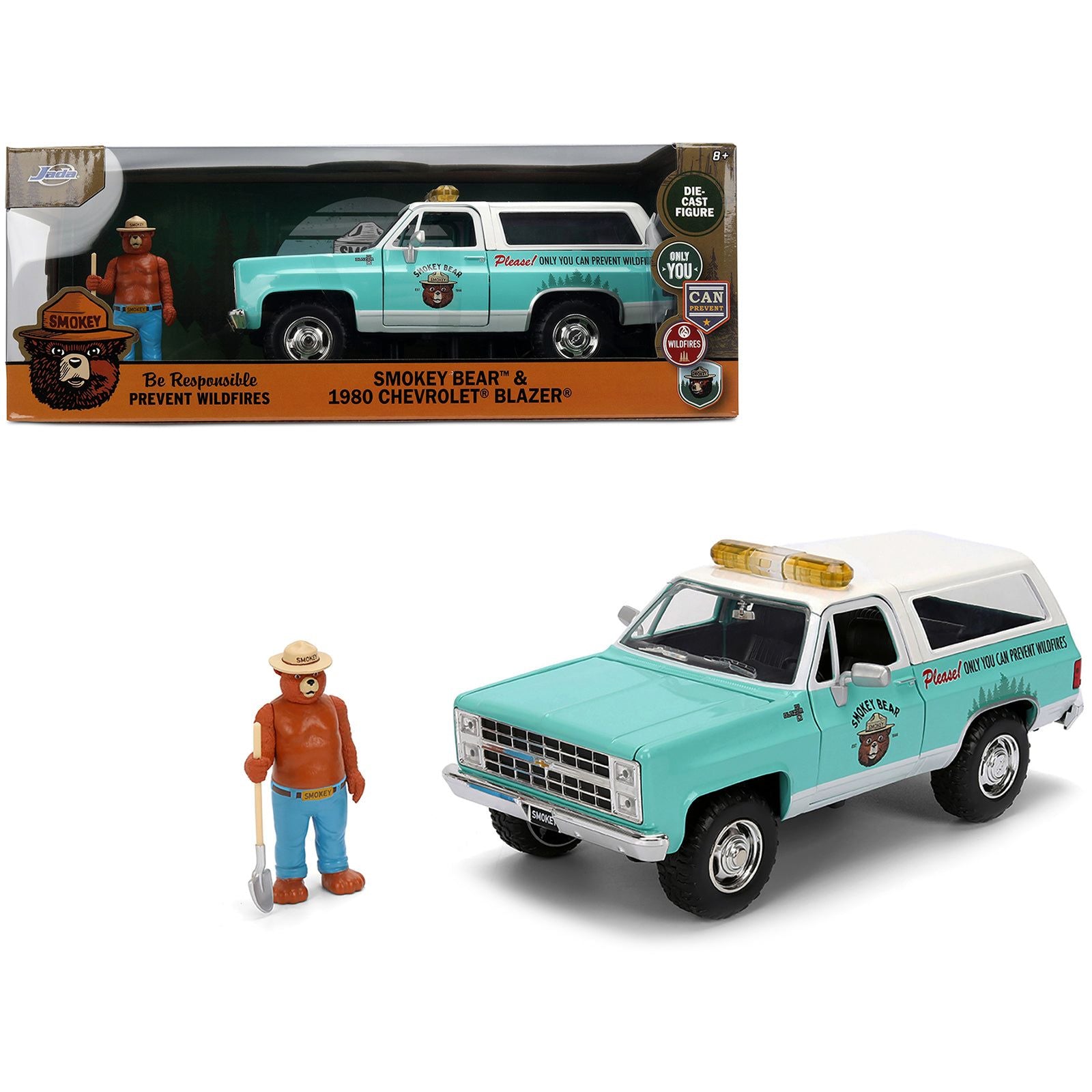 1980 Chevrolet Blazer Light Green with White Top and Graphics and Smokey Bear Diecast Figure "Smokey Bear" "Hollywood Rides" Series 1/24 Diecast Model by Jada