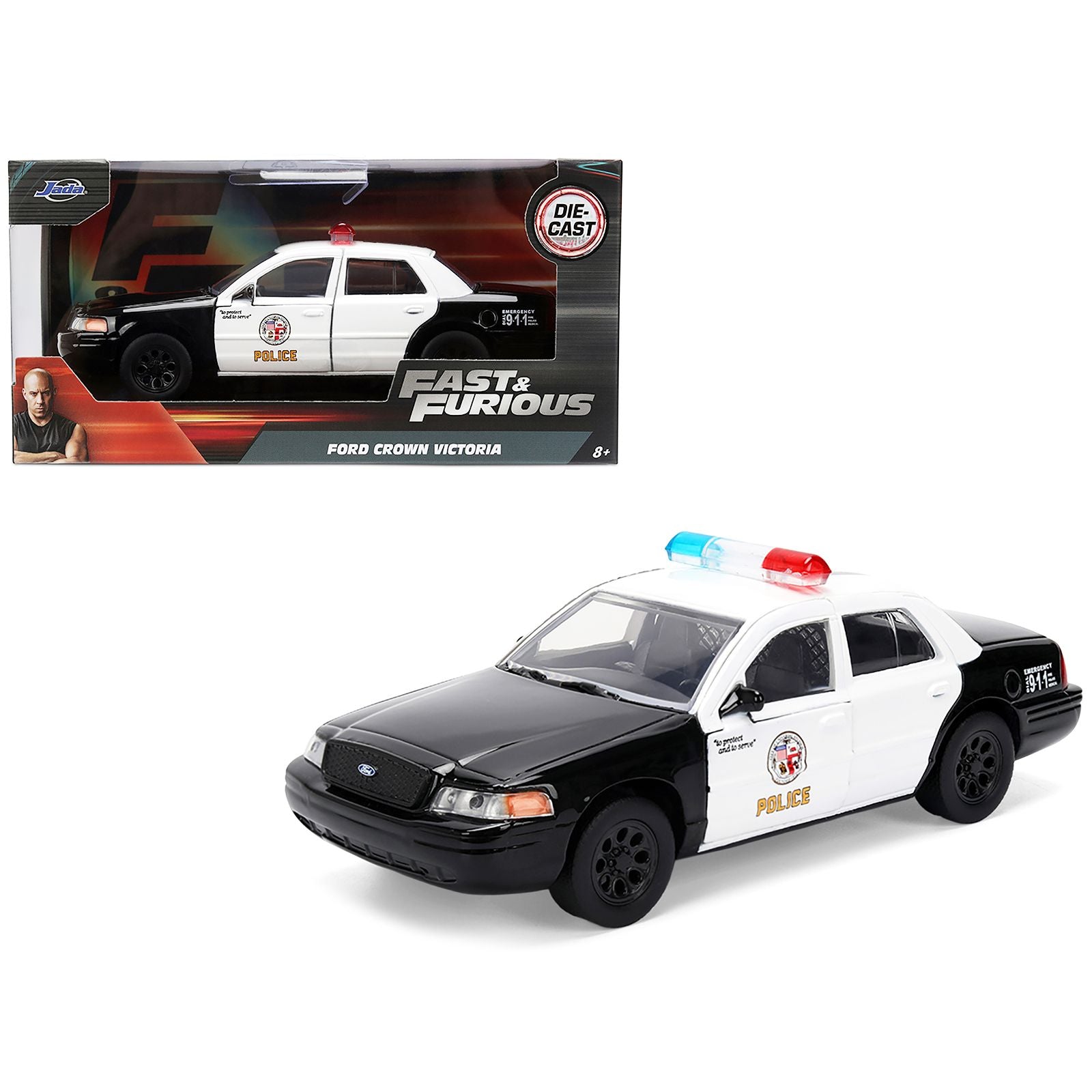 Ford Crown Victoria "LAPD (Los Angeles Police Department) Black and White "The Fast and the Furious" (2001) Movie "Fast & Furious" Series 1/32 Diecast Model Car by Jada