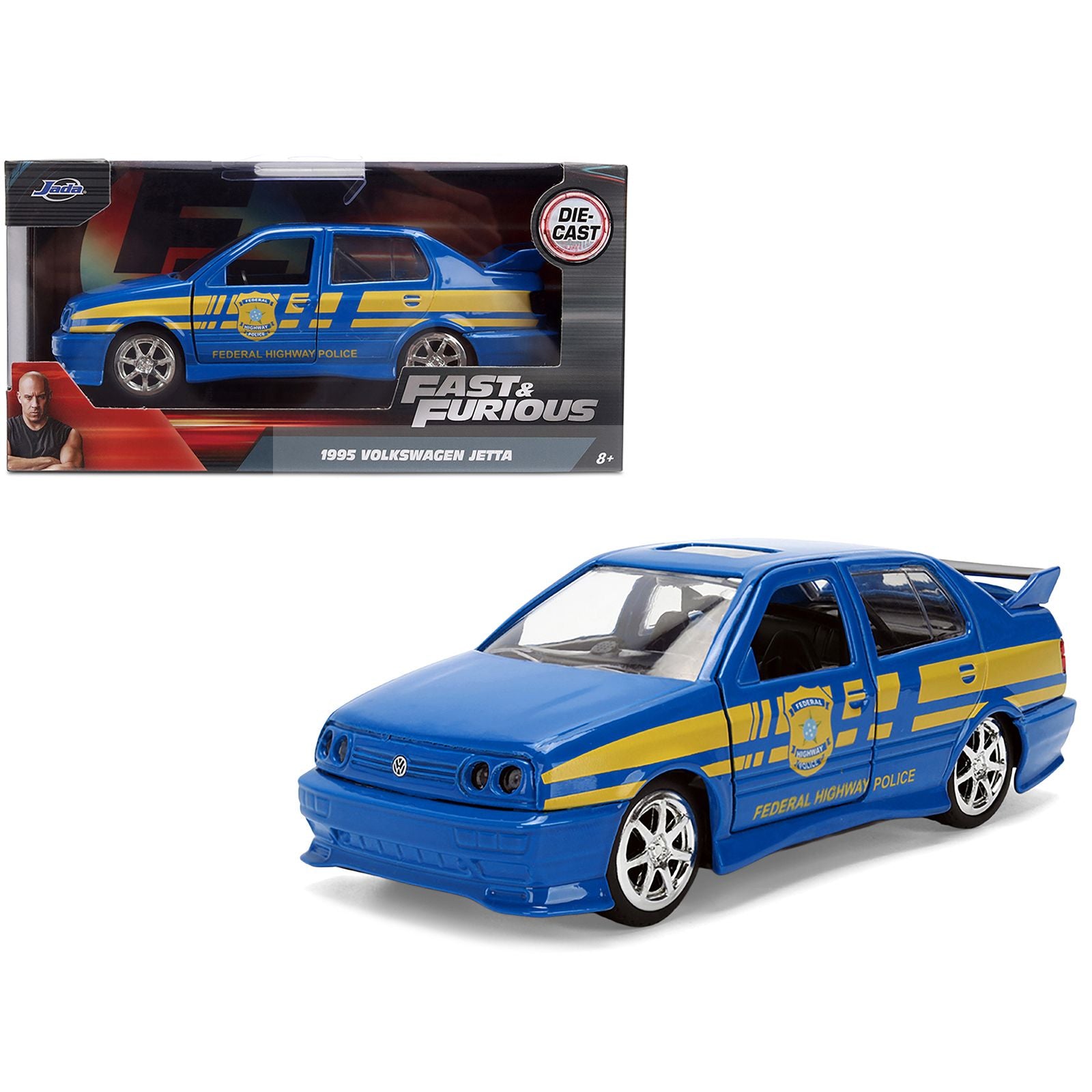 Volkswagen Jetta Police Vehicle "Rio Federal Highway Police" Blue with Yellow Stripes "Fast Five" (2011) Movie "Fast & Furious" Series 1/32 Diecast Model Car by Jada