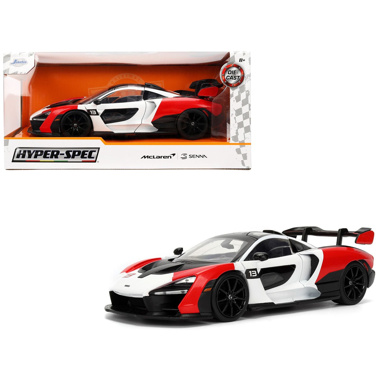 McLaren Senna Red and White with Carbon Hood and Top "HyperSpec" Series 1/24 Diecast Model Car by Jada