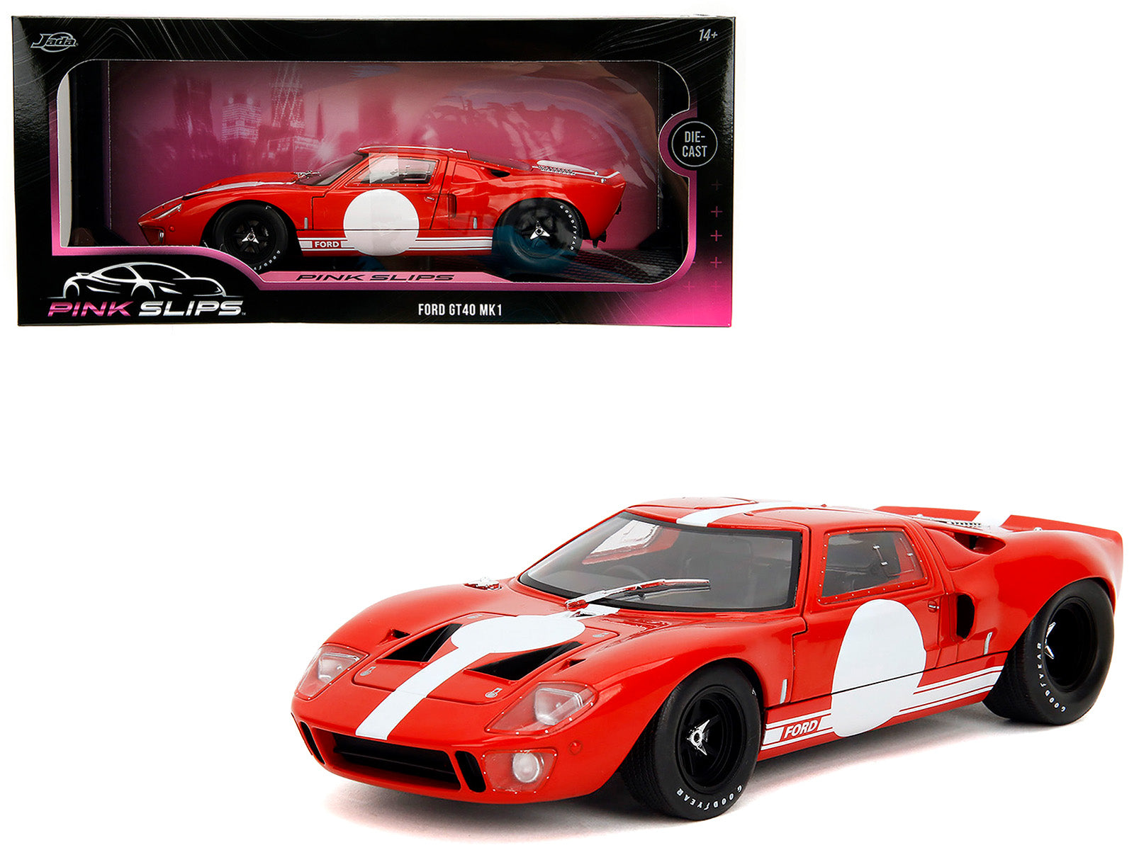 Ford GT40 MK1 Red with White Stripes and Graphics "Pink Slips" Series 1/18 Diecast Model Car by Jada