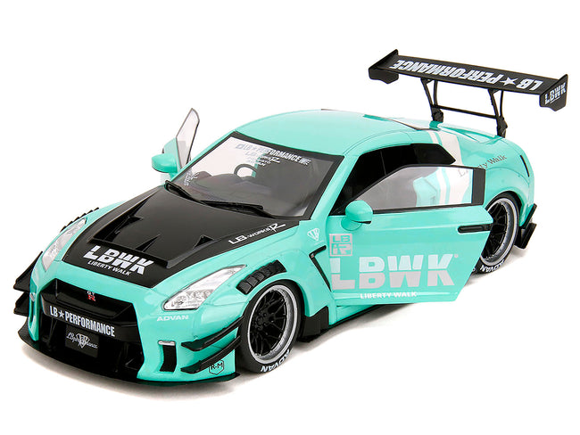 Nissan GT-R (R35) Liberty Walk Body Kit 2.0 RHD (Right Hand Drive) Light Blue with Black Hood and White Stripes "Pink Slips" Series 1/18 Diecast Model Car by Jada