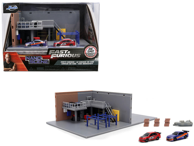 "Fast & Furious" Han's Garage Diorama with 2 Cars and Accessories "Nano Scene" Series 1/32 Model by Jada