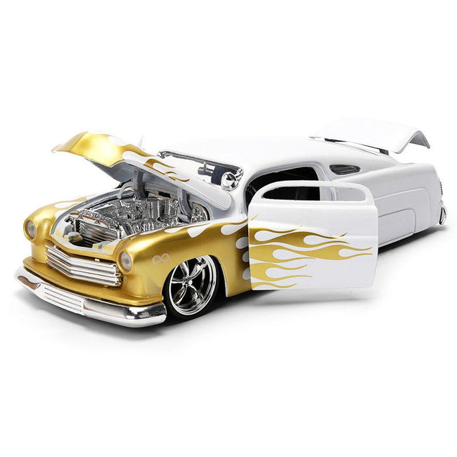 1951 Mercury Coupe White with Gold Flames "Bigtime Muscle" Series 1/24 Diecast Model Car by Jada