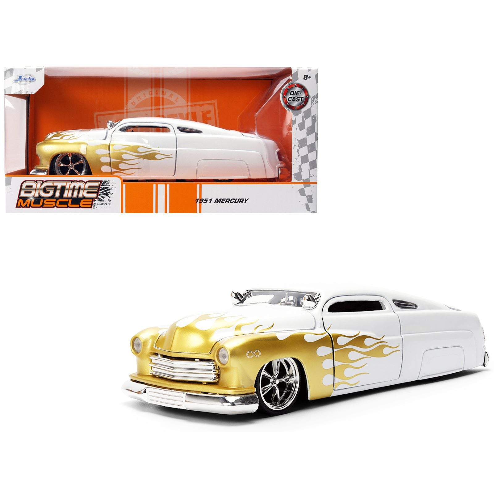 1951 Mercury Coupe White with Gold Flames "Bigtime Muscle" Series 1/24 Diecast Model Car by Jada