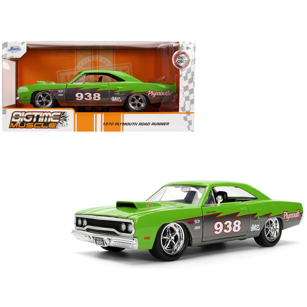 1970 Plymouth Road Runner #938 Green and Gray Metallic "Bigtime Muscle" Series 1/24 Diecast Model Car by Jada