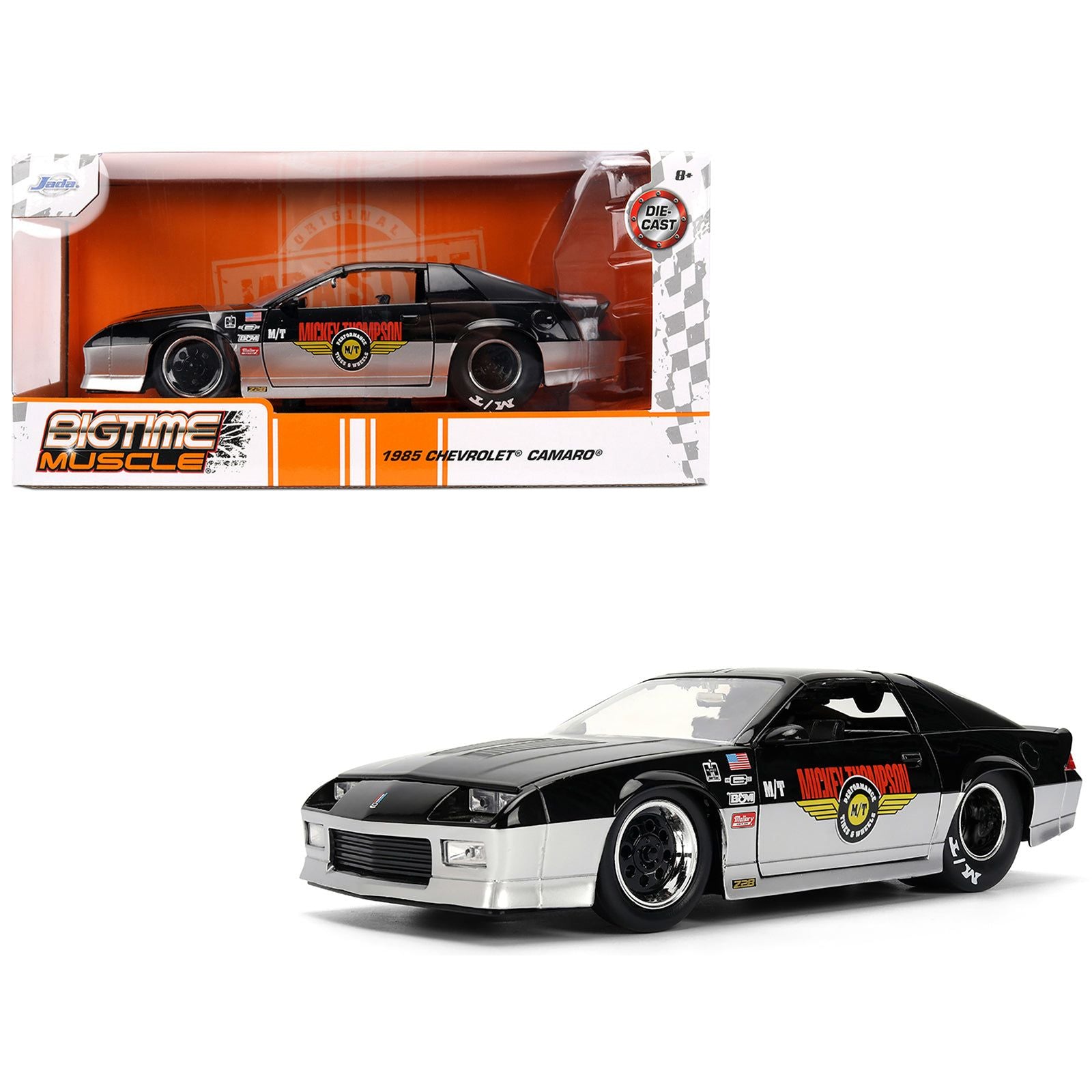 1985 Chevrolet Camaro Z28 "Mickey Thompson" Black and Silver Metallic "Bigtime Muscle" Series 1/24 Diecast Model Car by Jada