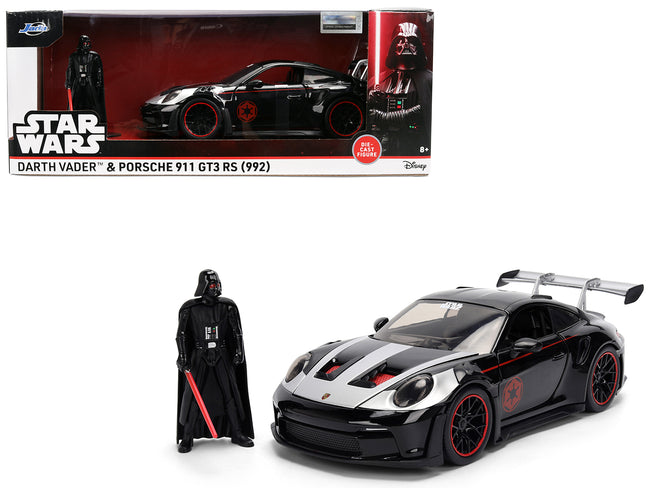 Porsche 911 GT3 RS (992) Black with Silver Hood and Graphics and Darth Vader Figure "Star Wars" Franchise "Hollywood Rides" Series 1/24 Diecast Model Car by Jada