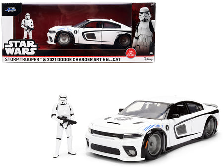 2021 Dodge Charger SRT Hellcat White with Graphics and Stormtrooper Figure "Star Wars" Franchise "Hollywood Rides" Series 1/24 Diecast Model Car by Jada