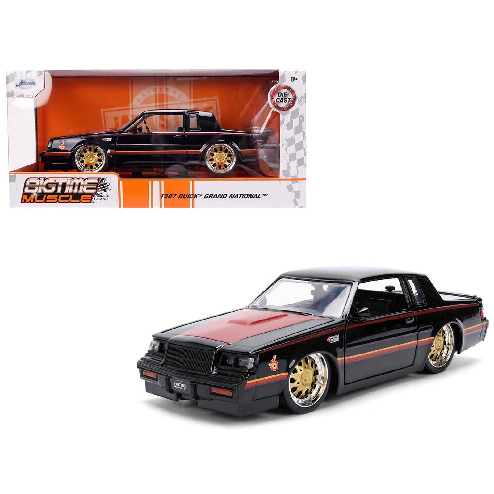 1987 Buick Grand National Black with Matt Red Hood and Stripes "Bigtime Muscle" Series 1/24 Diecast Model Car by Jada