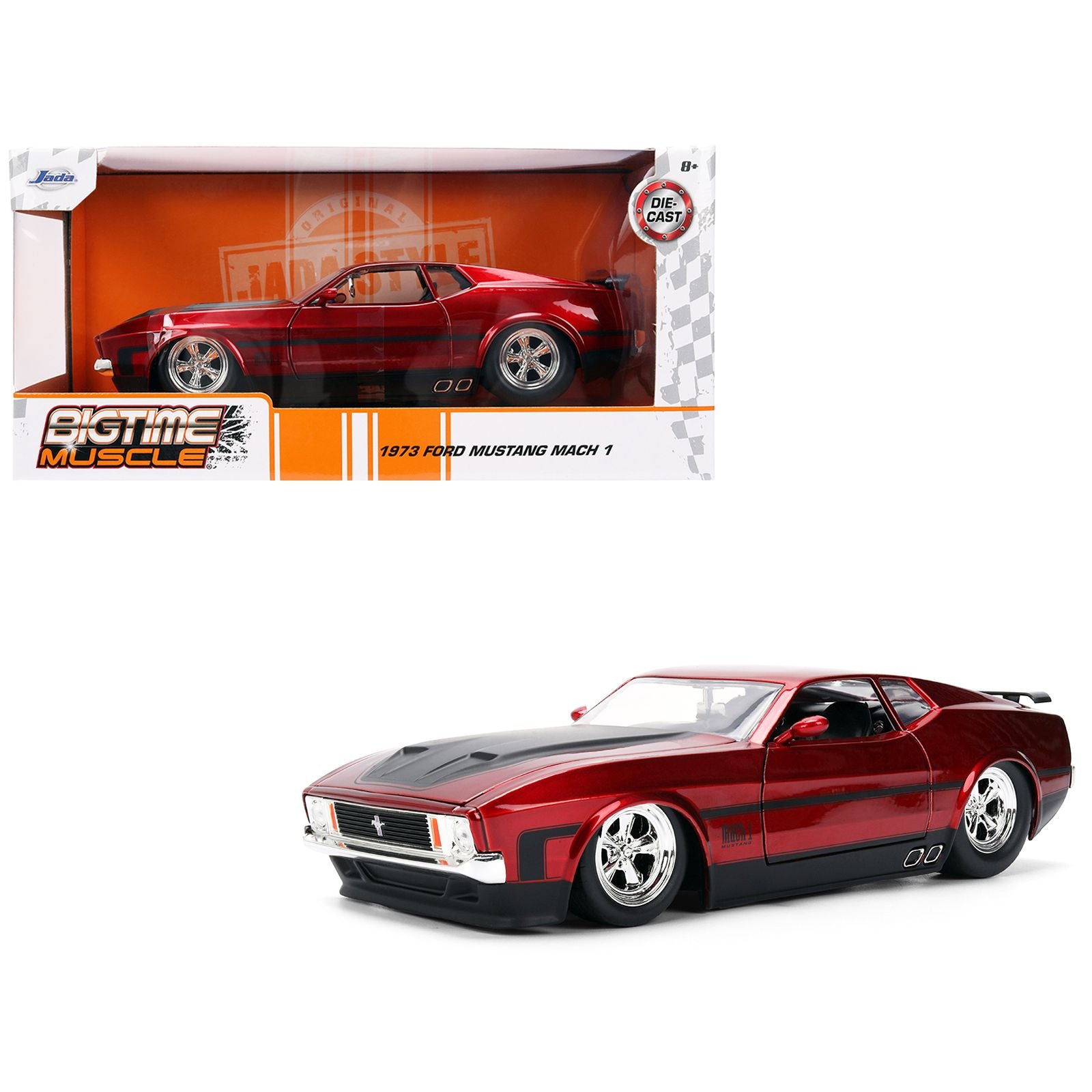 1973 Ford Mustang Mach 1 Red Metallic with Matt Black Hood and Black Stripes "Bigtime Muscle" Series 1/24 Diecast Model Car by Jada