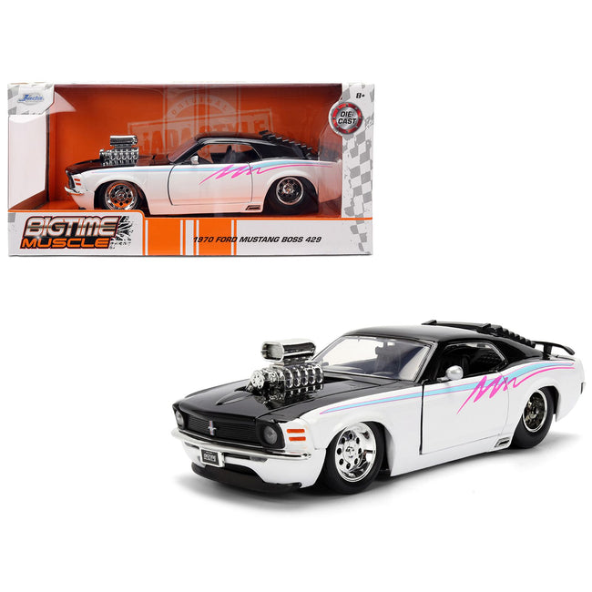 1970 Ford Mustang Boss 429 Black and White with Graphics "Bigtime Muscle" Series 1/24 Diecast Model Car by Jada