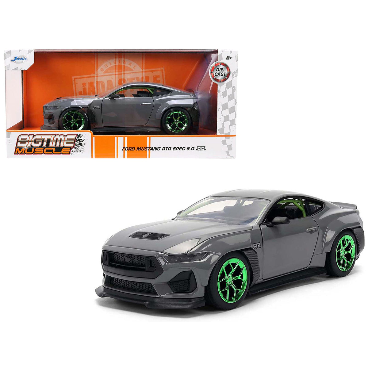 2024 Ford Mustang RTR Gray with Green Wheels "Bigtime Muscle" Series 1/24 Diecast Model Car by Jada